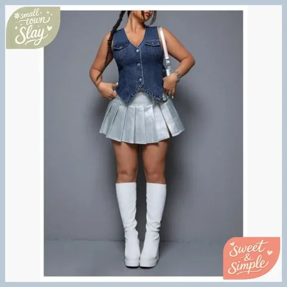 Plus Size Denim Vest Sleeveless V Neck Button Down Casual Wear